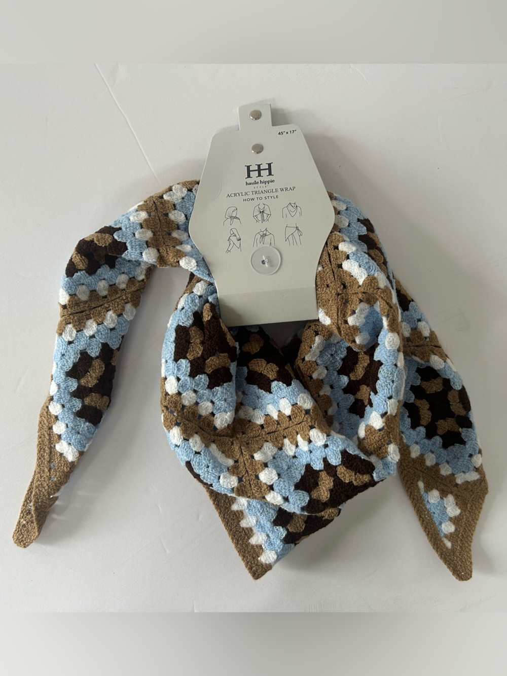 Haute Hippie Crochet Headband in Light Blue, Brown, and White